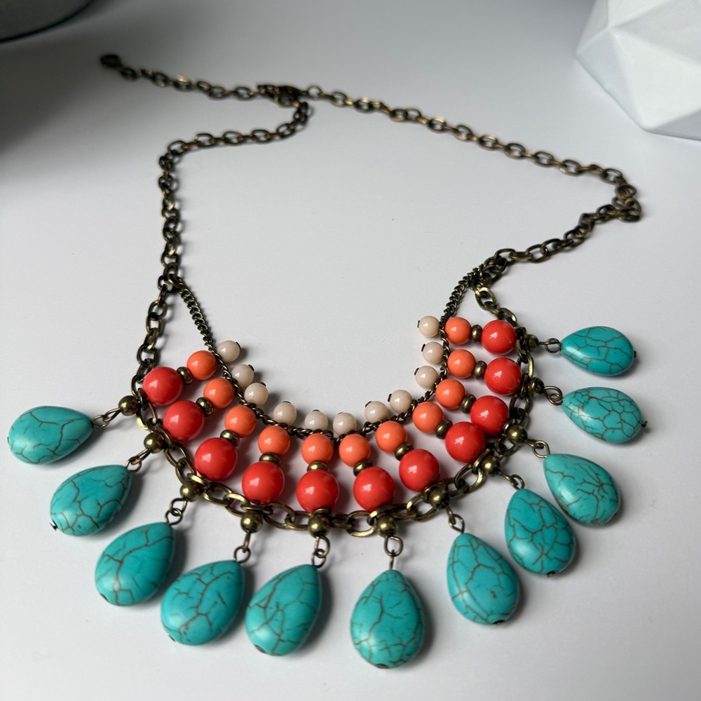 Turquoise and Coral Statement Necklace
